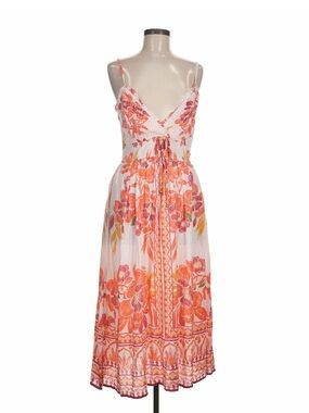 Angie Boho Floral Midi Dress Pink Orange Smocked Lace Trim Sundress Size M - NWT